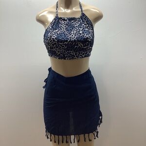 Zuliana Leopard Print Halter Top and Navy Fringe Sarong Skirt. 100% Rayon